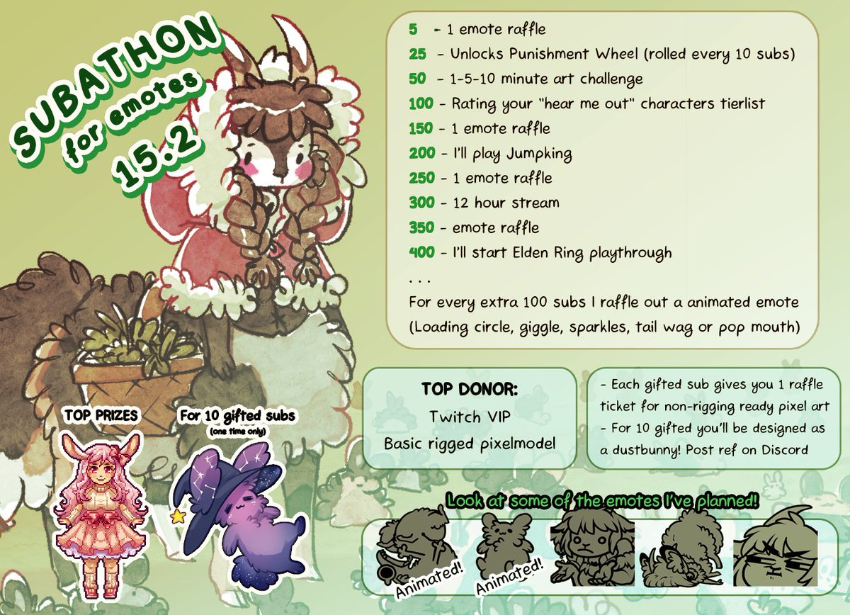 I REALLY want more emote slots on Twitch so let's hold a SUBATHON!! On 15th of February we'll raffle a lot of emotes, have good vibes, and hopefully get a lot more fun ways to express ourselves! I hope to see you there, let's make it a fun day! (´▽`ʃ♡ƪ)