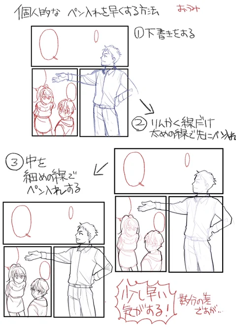 個人的なペン入れ早くする方法
①先に輪郭線を太めの線でペン入れする
②後から中を細くした線でペン入れする
以上

私が筆圧がめっちゃ低くて、疲れてくると細い線しか描けなくなるのでそれの対策と、とりあえず線が入ってる視覚的な安心感が欲しいため 