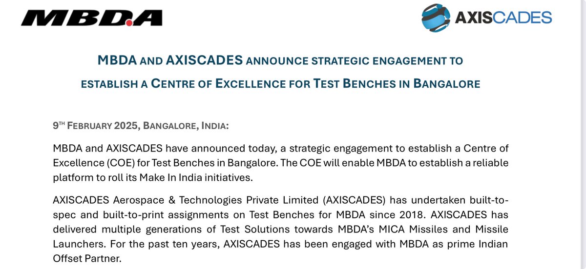 jeevanpatwa's tweet image. #Axiscades announce strategic engagement with MBDA. 

This is a big step towards achieving vision of new AxisCades with new management.

As per my understanding, this engagement can have significant impact on nos for FY26 and onwards🤞