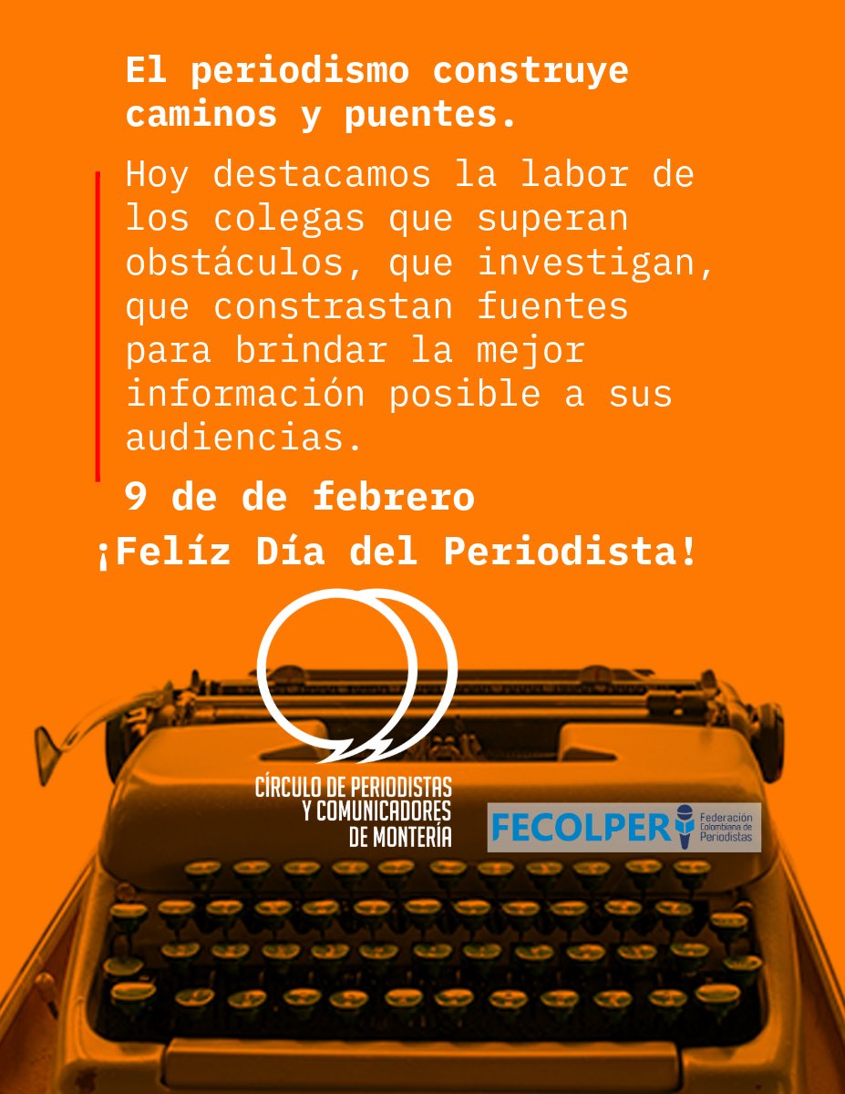 9 de febrero.
¡Feliz Día del Periodista! 

Que esta fecha sea motivo para exaltar la labor de los colegas que superan obstáculos, que investigan, que constrastan fuentes para brindar la mejor información posible a sus audiencias. 📰📻📺📲💻🎙️<a href="/FECOLPER/">Fecolper</a>