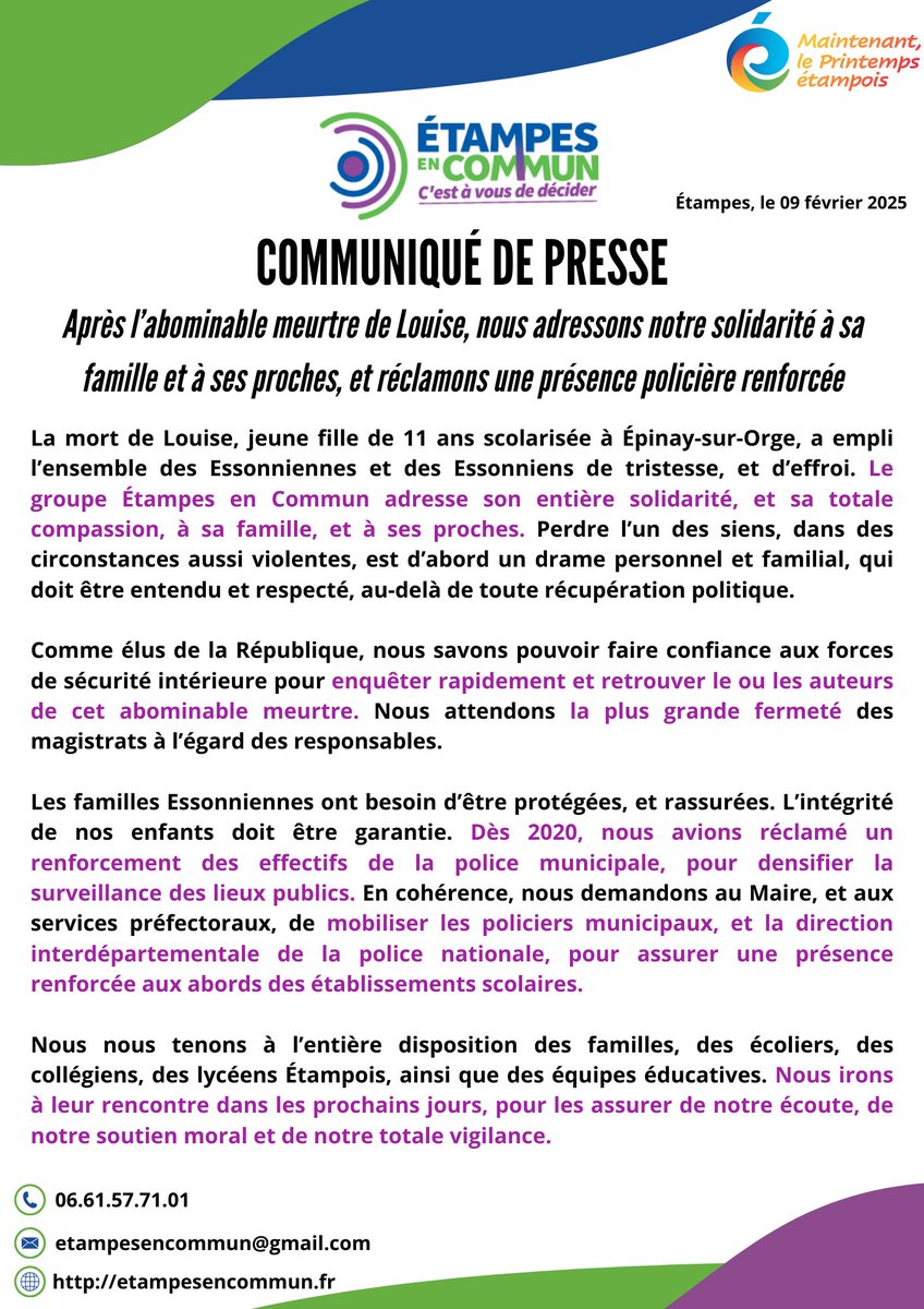 EtampesC's tweet photo. Après l’abominable meurtre de Louise, nous exprimons notre compassion, notre solidarité, et réclamons une présence policière renforcée aux abords des établissements scolaires. Retrouvez notre communiqué de presse ⤵️

#Essonne #Etampes https://t.co/IQbGsIbu7z