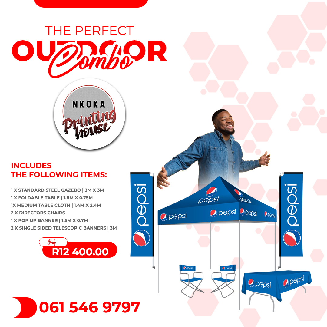 THE PERFECT
Outdoor Advertising Combo for your business, grab it with both hands!!!

For only R12 400.00.

Valid until 29  February 2025.

#Nkoka #Branding #Design #Printing #Africa