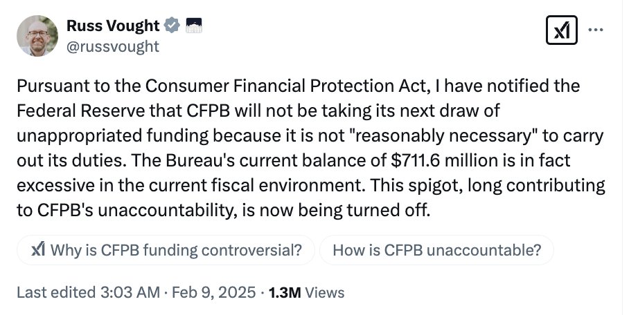 One of the first things Russ Vought did after being confirmed was to shut down the agency that protects consumers from predatory banks.

He's targeting you and protecting fraudulent banksters.