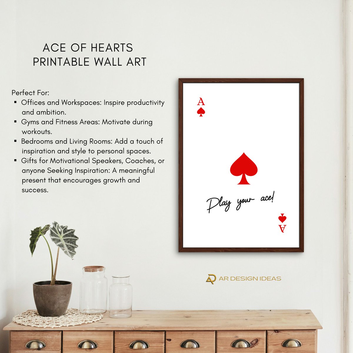 ARDesignIdeas1's tweet photo. Unleash your potential with our 'Play Your Ace' wall art! 🎲💖 Download this motivational Ace of Hearts print instantly in multiple sizes. Ideal for offices, gyms, and bedrooms. https://t.co/Lzqs2cZ6e2 via @Etsy 
#DigitalWallArt #AceOfHearts https://t.co/rfaXbSVEYl