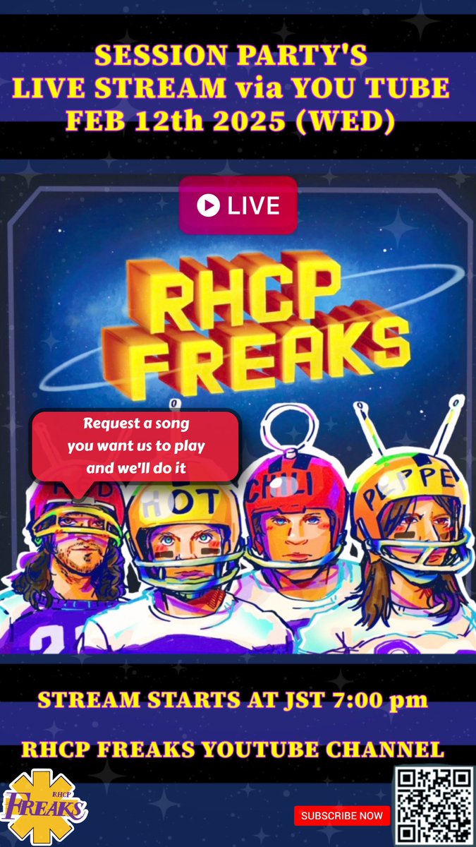 To all worldwide RHCP fans
We will start to stream our session events

You’ll be able to comment and request a song and we’ll pick up some and play them for you🌶️🔥

First online streaming on

FEB 12th 2025
JST 7:00pm

#redhotchilipeppers
#japan
#rhcp

youtube.com/@rhcpfreaks021…