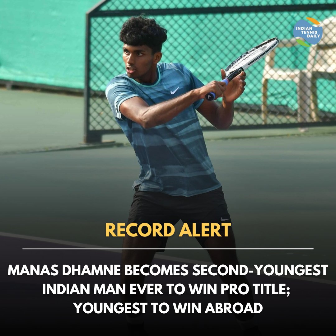 MANAS DHAMNE CREATES HISTORY 🇮🇳🔥

➡️ At 17 years 1 month, Manas Dhamne becomes the 2nd youngest Indian man ever to win a pro title ($15K Monastir, Tunisia)

➡️ The youngest was Yuki Bhambri (16 years 10 months when he won the 2009 New Delhi Futures)

➡️ Dhamne, however, is the