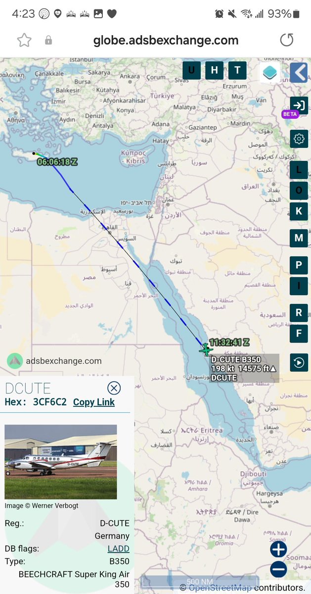 Borrowed7Time's tweet photo. German contractor ISR platform Beech King Air 350 D-CUTE #3CF6C2 over the Red Sea, likely en route to Djibouti.
@Dinlas3 @sipjack1776 https://t.co/ZvWJWWv8Q8