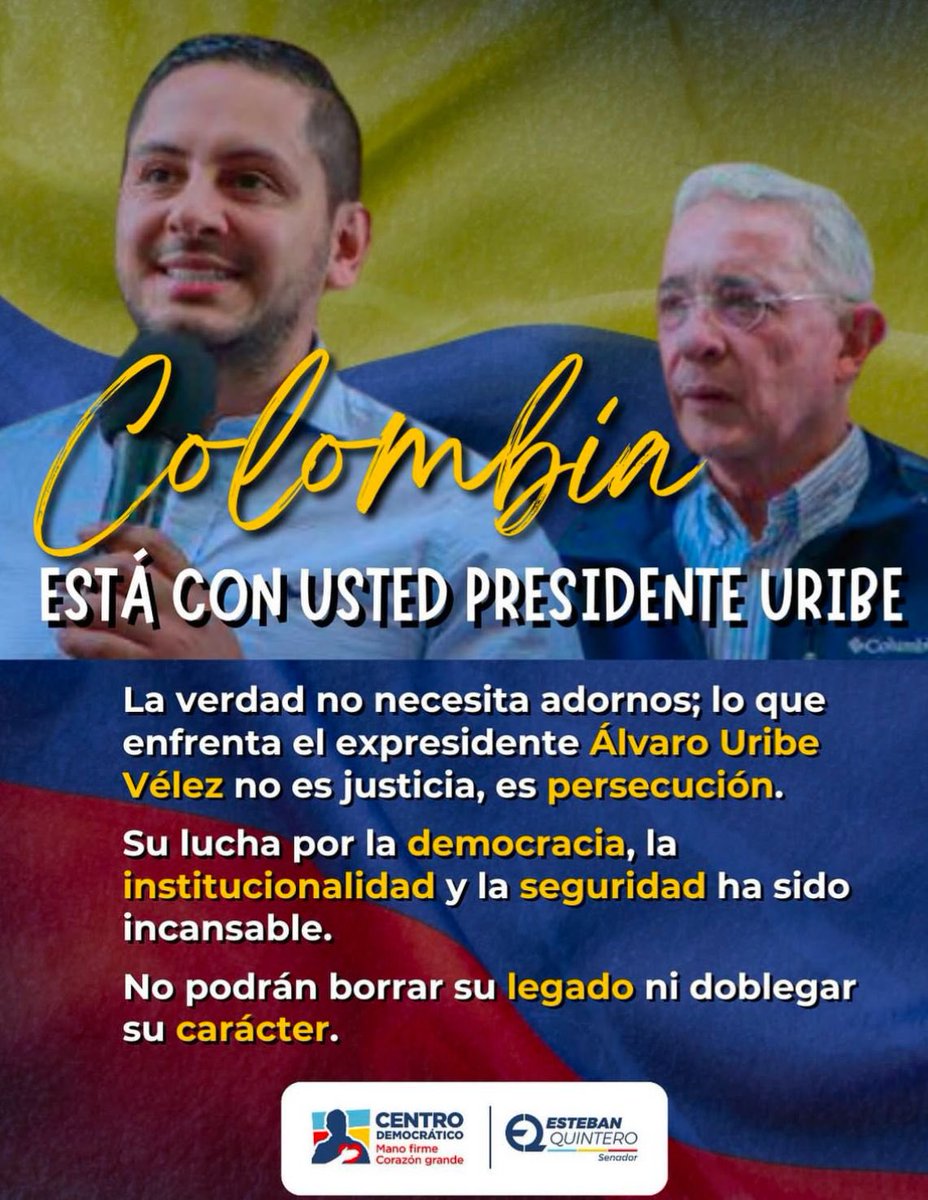 GoniBania's tweet image. Mi eterno #Presidente @AlvaroUribeVel   por supuesto que queremos verlo en el 2026 como Vicepresidente y Ministro de Defensa #Simultáneamente 

@ABDELAESPRIELLA es usted el único   con el talante de continuar el #LegadoDeUribe

#PteUribeLaPatriaLoNecesita