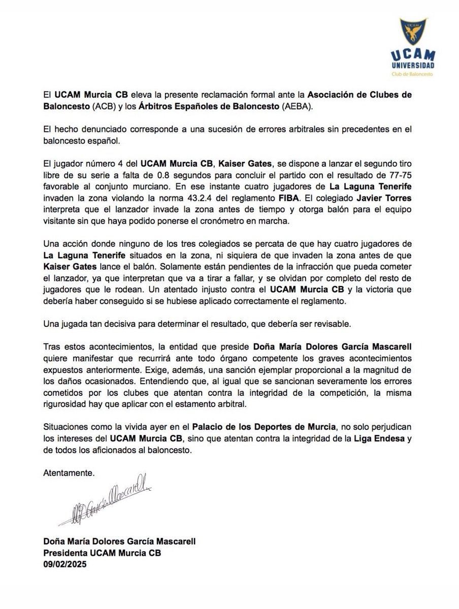 🗣️ El comunicado del <a href="/UCAMMurcia/">UCAM Murcia</a> tras lo acontecido en el partido de ayer frente a La Laguna Tenerife