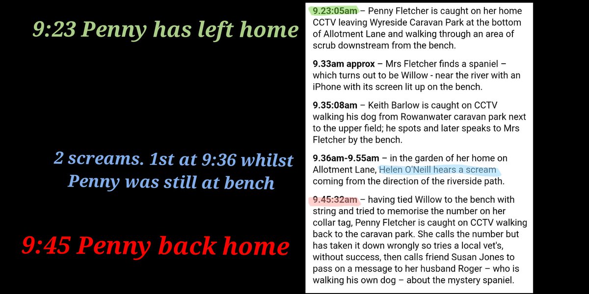 chucklechopsx's tweet photo. #nicolabulley 1st scream, PF @ bench, then abandons scene, goes home
- COP says she picked up harness. At inquest Penny says she didnt?
- COP says PF at the bench at 9:33am. Penny says 9:40 earliest?
Would screams be discounted if PF wasnt an 80 yr old woman but a man?
#letoff https://t.co/CDrdLhdNBk