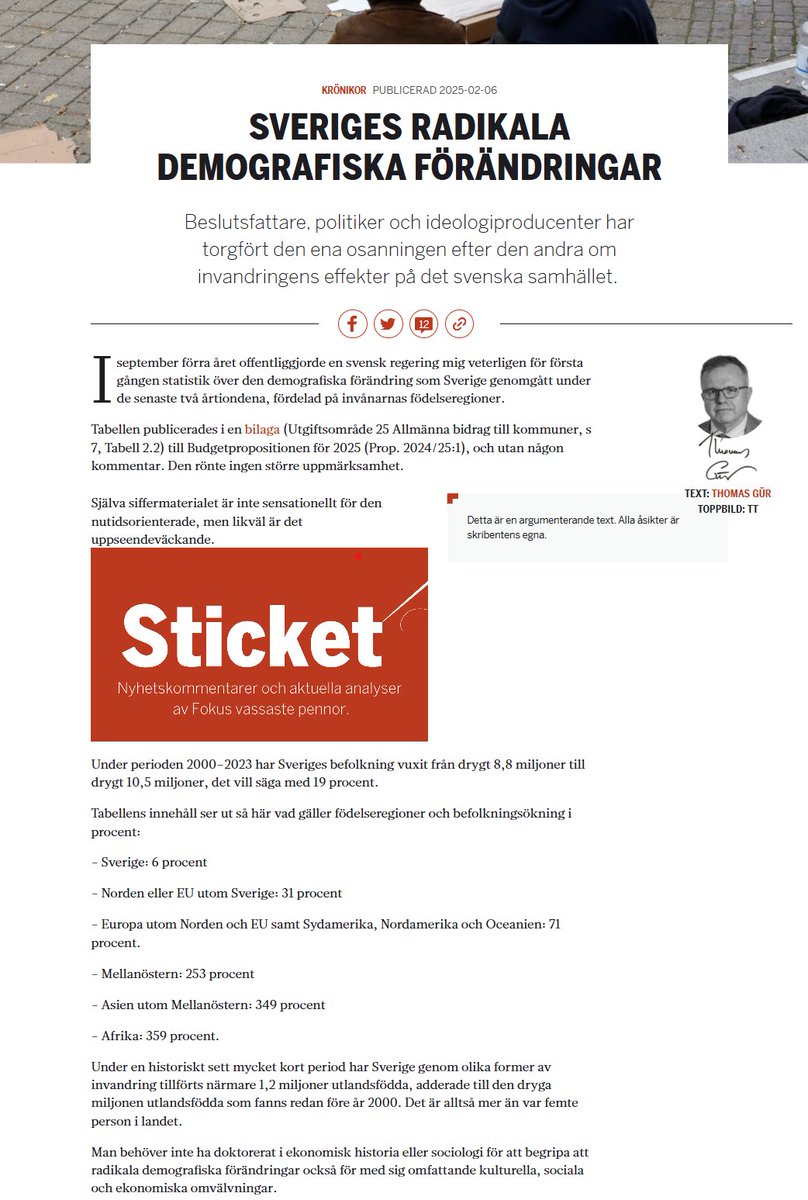 GurThomas's tweet image. Jag skriver i Fokus om att regeringen publicerat statistik om Sveriges demografiska förändring uppdelad på födelseregioner.
fokus.se/kronika/sverig…
--------
"Vägran att erkänna problemen, falsarierna och fantasierna har förenats med att stöta ut och mobba de få personer, ända upp…