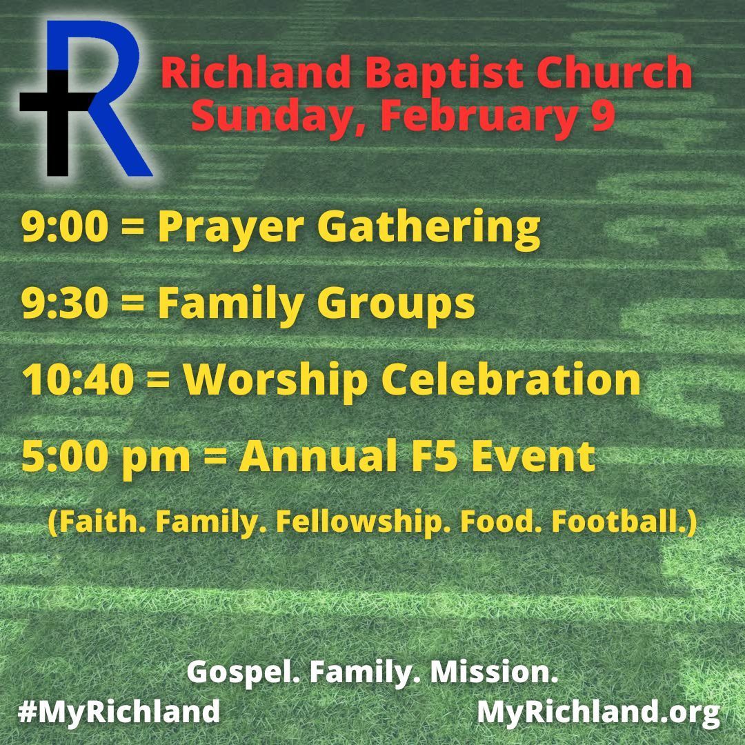 RichlandBaptist's tweet photo. Richland family and those in or near #CallawayCounty, will you join us today? We will hear a sermon from Scotty Watson during our morning worship celebration. 

Then make plans to join us at 5:00 p.m. for our annual F5 event.
 
Learn more at https://t.co/cHKpXpiJQh. #MyRichland https://t.co/YjPjfwkeSy