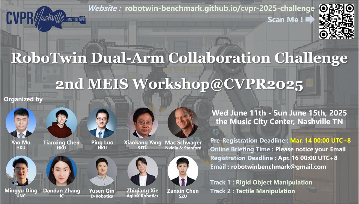 We welcome everyone to participate in the RoboTwin Dual-Arm Collaboration Competition, which we will organize at CVPR 2025. Using the RoboTwin platform, we will evaluate two competition tracks: rigid body manipulation, and tactile manipulation.