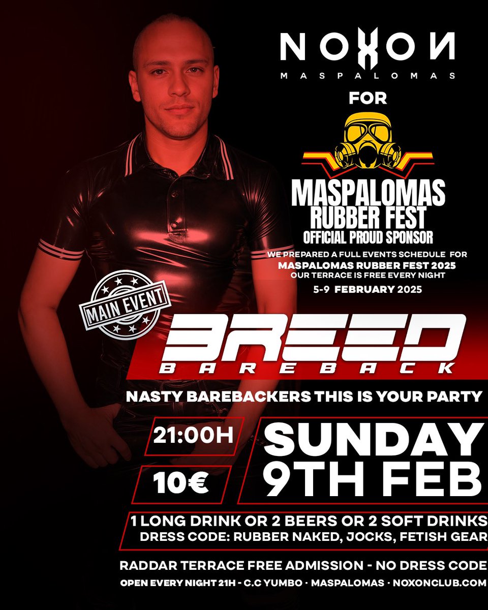 noxonclub (@noxonclub) on Twitter photo Last night of Rubber Fest!
Tonight is BREED BAREBACK at 21h in NOXON.
<a href="/MaspRubberFest/">maspalomasrubberfest</a> <a href="/breedbbk/">BREED BAREBACK PARTY</a>
From 20h our terrace Raddar is open with happy hour Last night of Rubber Fest!
Tonight is BREED BAREBACK at 21h in NOXON.
<a href="/MaspRubberFest/">maspalomasrubberfest</a> <a href="/breedbbk/">BREED BAREBACK PARTY</a>
From 20h our terrace Raddar is open with happy hour