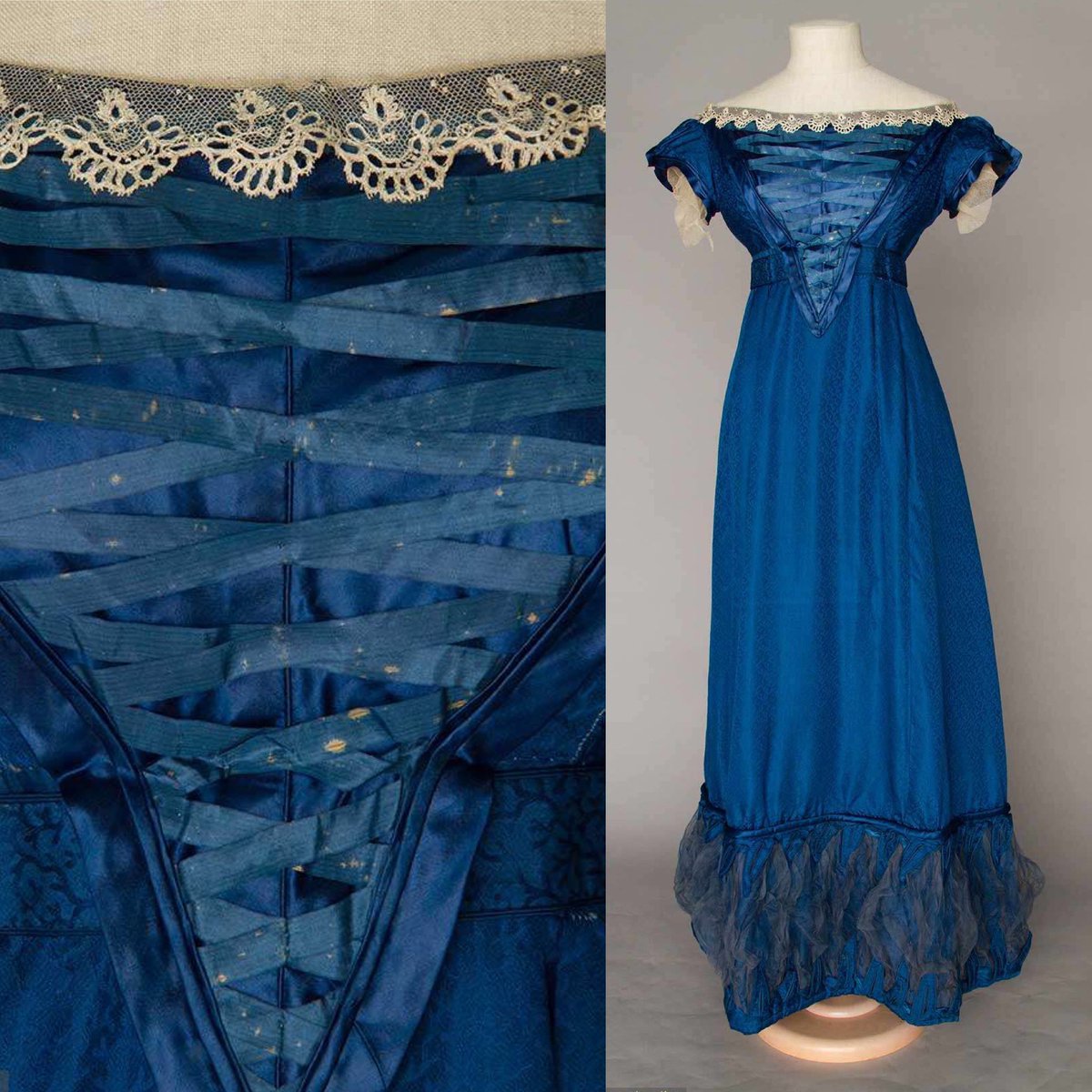 kateStrasdin's tweet image. The entirety of this cobalt blue #1820s evening dress features a discreet coral-like pattern, a repeat that is revealed in a shaft of light or a turn of the body. Discoveries in the natural world during the early #c19th prompted these organic motifs. Sold via @AugustaAuction