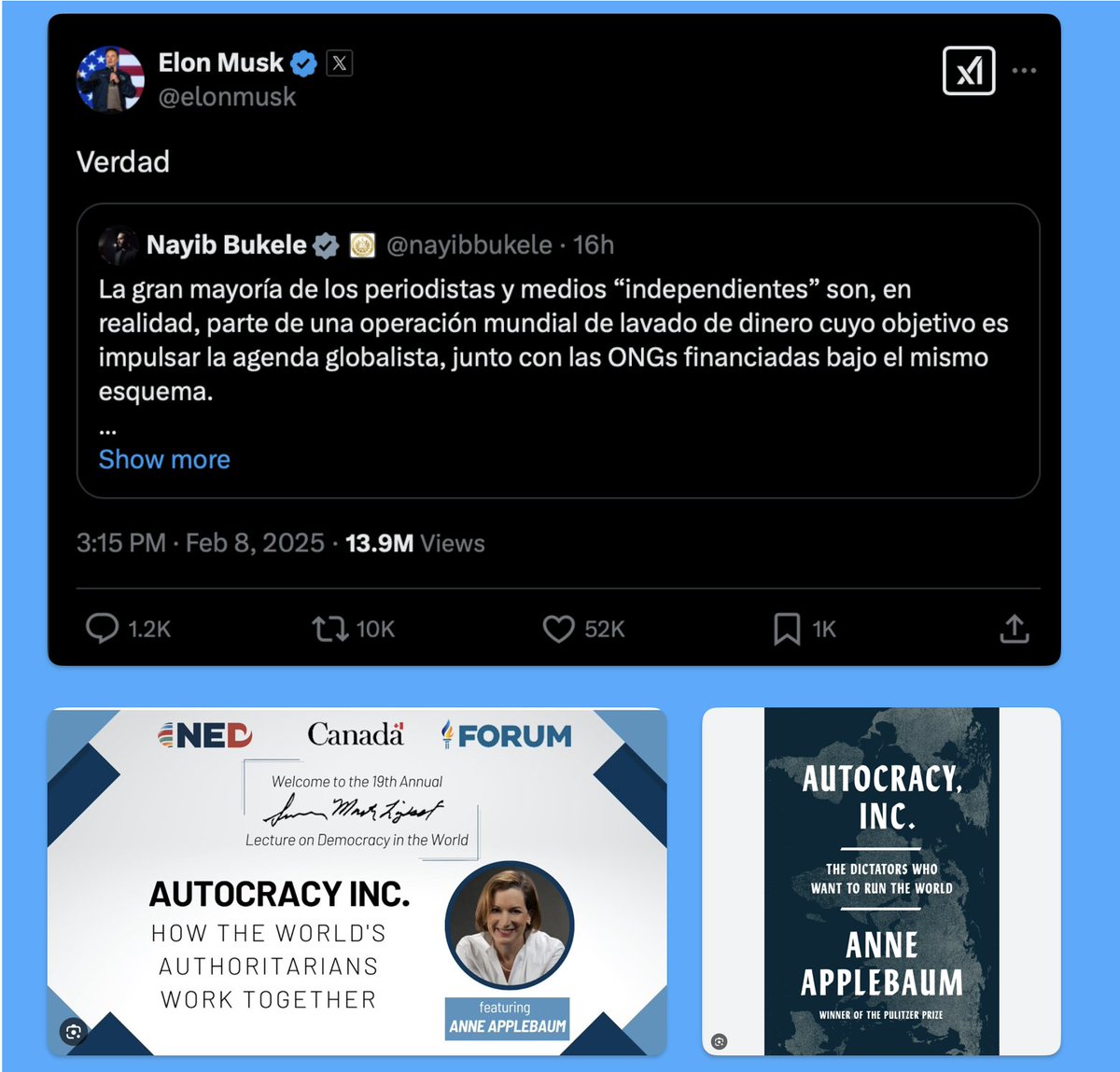 hector_l_f's tweet image. Recomiendo "Autocracy Inc.", el libro de Anne Applebaum que describe la forma en que los autoritarios se apoyan mutuamente, sin importar las fronteras, para destruir la democracia.

También pueden buscar sus conferencias en YouTube.