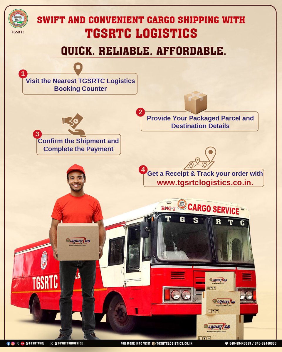 TGSRTC (@tgsrtchq) on Twitter photo Fast, reliable and always on time!
Choose TGSRTC Logistics – Telangana’s fastest and most reliable delivery partner for all your cargo needs.
For more info, visit tgsrtclogistics.co.in
<a href="/revanth_anumula/">Revanth Reddy</a> <a href="/Ponnam_INC/">Ponnam Prabhakar</a> <a href="/TelanganaCMO/">Telangana CMO</a> <a href="/SajjanarVC/">V.C. Sajjanar, IPS</a> @CTM_MKTG_TGSRTC
#TGSRTC Fast, reliable and always on time!
Choose TGSRTC Logistics – Telangana’s fastest and most reliable delivery partner for all your cargo needs.
For more info, visit tgsrtclogistics.co.in
<a href="/revanth_anumula/">Revanth Reddy</a> <a href="/Ponnam_INC/">Ponnam Prabhakar</a> <a href="/TelanganaCMO/">Telangana CMO</a> <a href="/SajjanarVC/">V.C. Sajjanar, IPS</a> @CTM_MKTG_TGSRTC
#TGSRTC