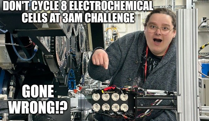 JamesSteeleNano's tweet photo. New YouTube clickbait thumbnail acquired! ✅ Oh, and data too. Lots and lots of data... We just wrapped up our latest BAG session at @DiamondLightSou I-11, where we measured operando SXRD during battery cycling. We're able to watch structures evolve in real time during charging! https://t.co/ehaMEMBKGf