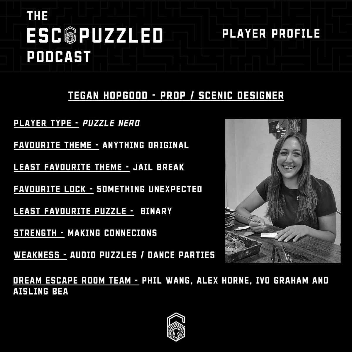 Our next guest on the ESCAPUZZLED podcast is the amazing Tegan Hopgood talking to us about all things prop design, escape room development and tackling challenges as a games master...

Tune in on Wednesday to hear the full episode!