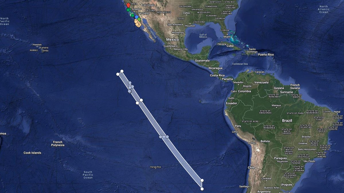 LHA map for #Starlink Group 11-10 from VSFB SLC-4E NET 10 Feb 00:26 UTC, alternatively 11 to 15 Feb based on issued NOTAM/NOTMARs. Estimated B1071.23 recovery ~574km with estimated fairing recovery ~703km downrange. Stage2 debris reentry in East Pacific. bit.ly/LHA-47