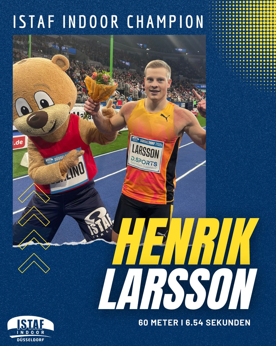 ISTAF INDOOR Düsseldorf
Men - 60 m 
1. Henrik Larsson 🇸🇪 6,54 sec 
2. Chidiera Onuoha 🇩🇪 6,57 sec (PB)
3. Romell Glave 🇬🇧 6,58 sec
4. Owen Ansah 🇩🇪 6,59 sec
#istafindoor #istaf #weltklasseleichtathletik #leichtathletik #trackandfield #athletics
