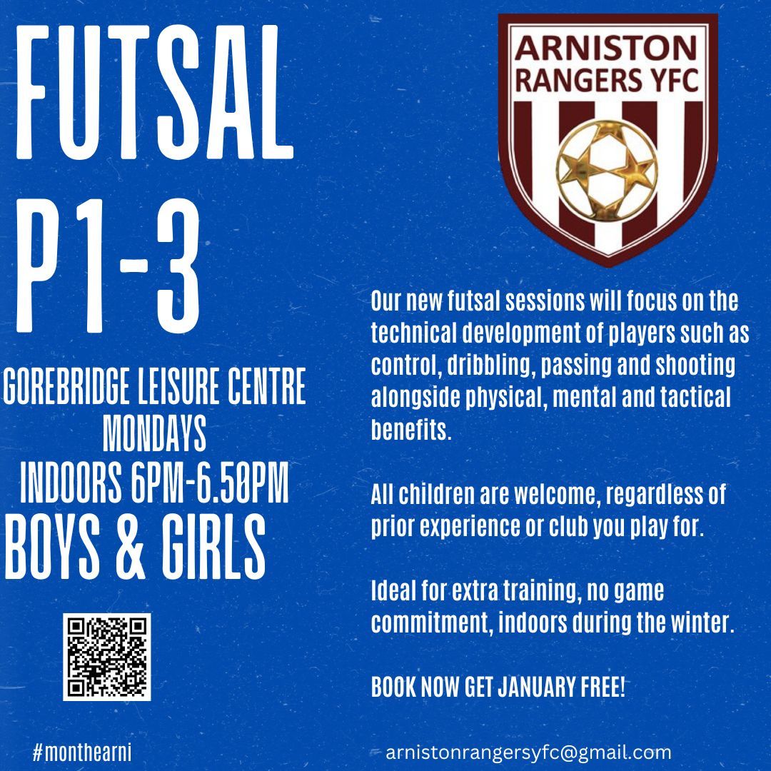 P1-3 FUTSAL

Our new futsal sessions will focus on the technical development of players such as control, dribbling, passing and shooting alongside physical, mental and tactical benefits.

All children are welcome.

BOOK NOW - buff.ly/3RP3NBn