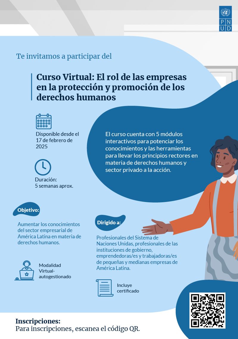 #CursoGratuito

El curso “El rol de las empresas en la protección y promoción de los derechos humanos” cuenta con:
✅ 5 módulos interactivos
✅ Contenidos sobre debida diligencia, prevención y corresponsabilidad
🗓️ Inicio: 17 de febrero
👉 Regístrate aquí: bit.ly/3Ec4ZdM