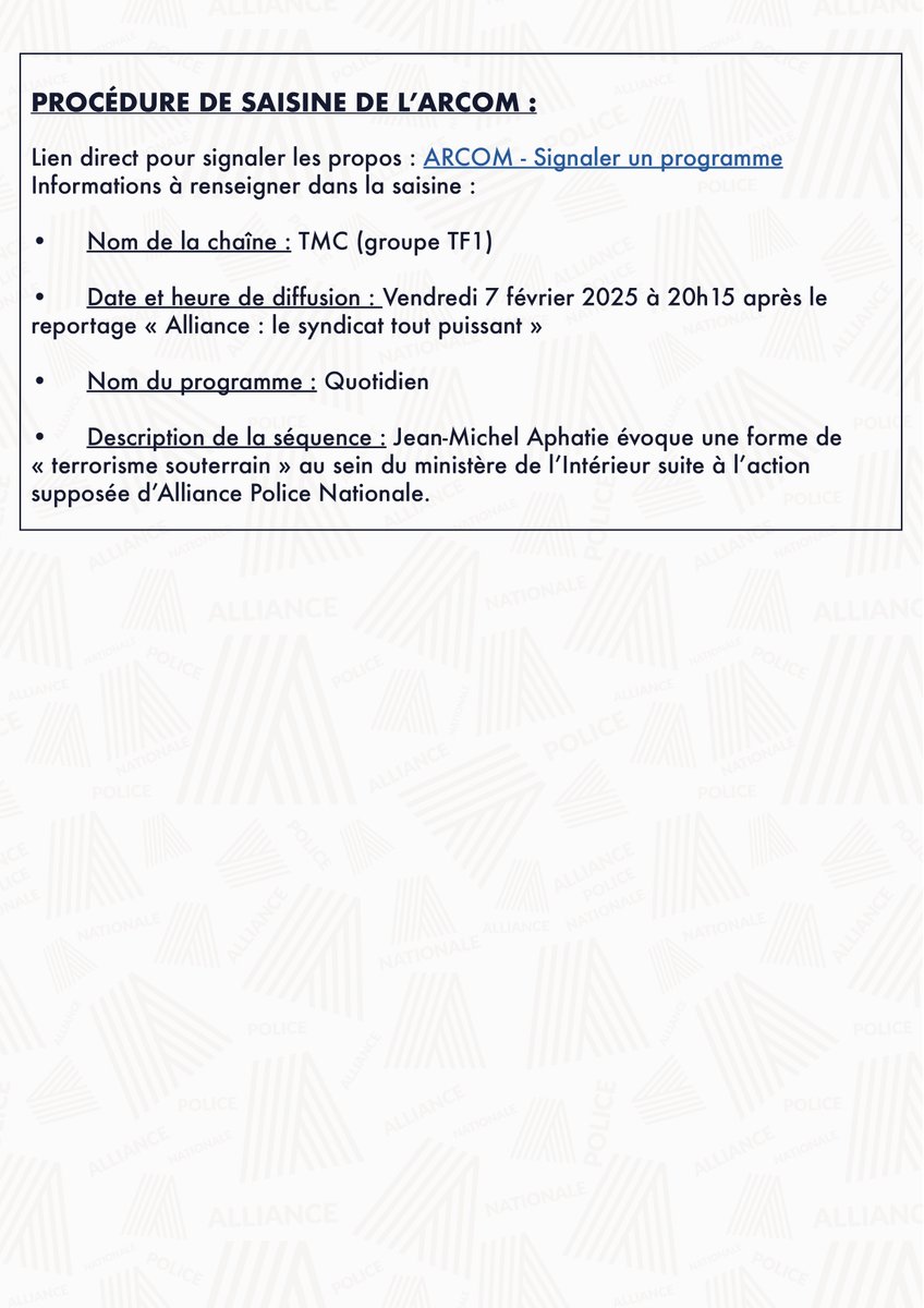 alliancepolice's tweet photo. 🚨 PROPOS INADMISSIBLES SUR TMC ! 🚨  

Vendredi 7 février, Jean Michel Aphatie a parlé de « terrorisme souterrain » en évoquant Alliance Police Nationale sur le plateau de Quotidien. C’est une ligne rouge franchie ! ❌  

⚠ Assimiler un syndicat de policiers à du terrorisme est une infamie inacceptable envers ceux qui risquent leur vie pour protéger 🇫🇷.  

🔹 270 victimes du terrorisme ces dernières années  
🔹 Policiers & Gendarmes : en première ligne contre les attaques  
🔹 Des policiers sont morts en combattant cette menace  

📢 L’ARCOM doit agir ! 

Nous appelons tous ceux qui soutiennent les policiers à saisir immédiatement l’@Arcom_fr pour dénoncer ces propos scandaleux !  
https://t.co/eWnQVyYndE

Nous demandons des excuses publiques immédiates et demandons à TMC et le groupe TF1 de prendre leurs responsabilités.  

✊ Alliance Police Nationale ne se laissera pas intimider !  

#AlliancePoliceNationale #SoutienAuxPoliciers #Respect #Sécurité #Justice #ARCOM #TF1 #TMC #Quotidien