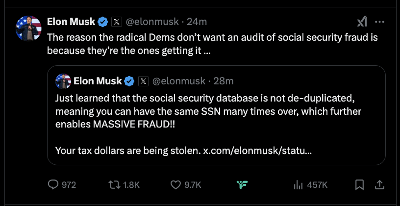 Since 2011, the SSA started randomizing SSN issuance, preventing any predictable patterns. SSNs are unique—no "duplicates" in the system.
Fraud happens through identity theft, not duplicate SSNs. Elon is intentionally spreading misinformation now.