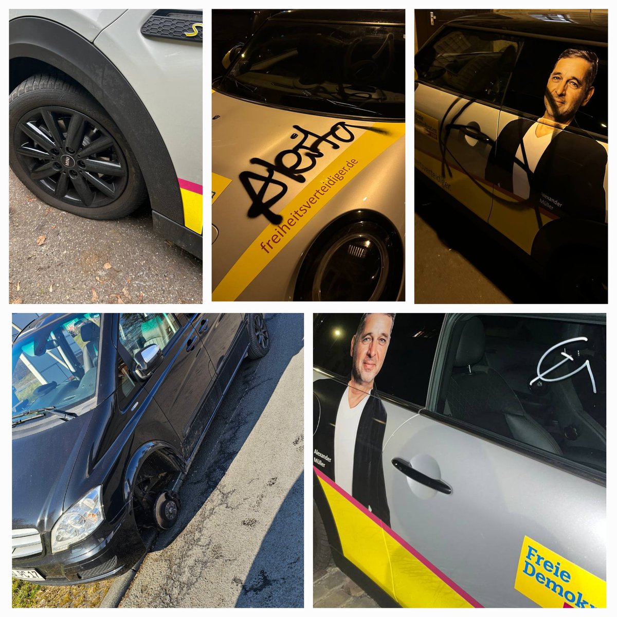 Platte Reifen, Graffiti, Schmierereien, lose Radbolzen ... das sind Anschläge auf die Demokratie. Wir lassen uns nicht einschüchtern! Das Eintreten für unsere Freiheit, für Wirtschaftswachstum, für Ordnung der irregulären Migration ist heute wichtiger denn je!