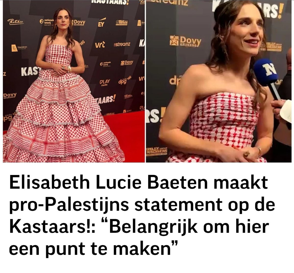 KarimHassoun_79's tweet image. Belgian screenwriter &amp;amp; social media star Elisabeth Lucie Baeten made a bold statement at #DeKastaars! Wearing a dress crafted from 16 keffiyehs, she took a stand where many celebrities stay silent. 
Her courage mirrors Palestinian resilience enduring a #genocide in #Gaza.