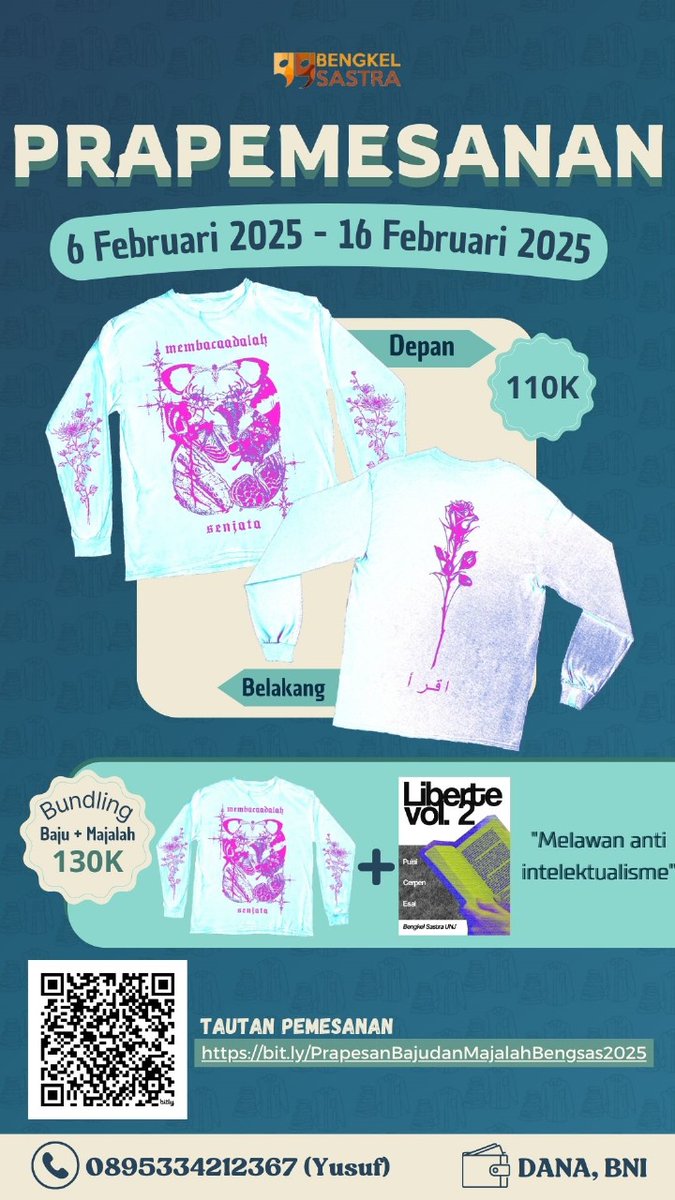 bengsas's tweet photo. 🛍️Open Pre-order Bengsas 2025🛍️

Jika kamu melihat poster ini, maka selamat kamu adalah orang yang paling beruntung karena bisa mendapatkan bundling baju dan majalah hanya dengan Rp130.000🤩🥳 https://t.co/u3iz6EGEaL