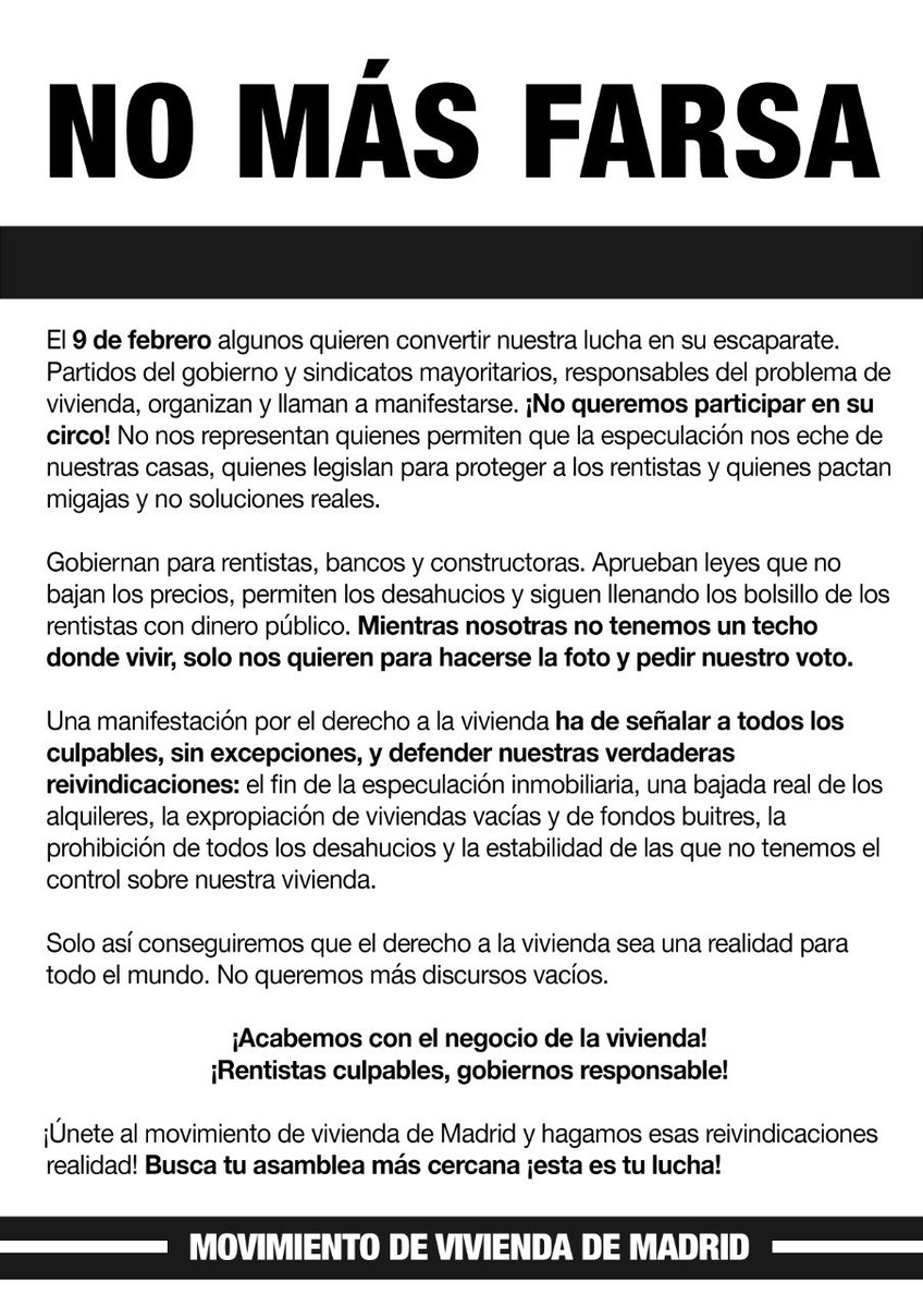 SVCarabanchel's tweet photo. Partidos de gobierno y sindicatos mayoritarios, responsables de la crisis de vivienda. Todos unidos en este circo de la vergüenza que venden como manifestación de vivienda.

El movimiento de Vivienda de Madrid, quién realmente lo deja claro hoy: NO MÁS FARSA🔑🌹 https://t.co/lXe6URZhwm