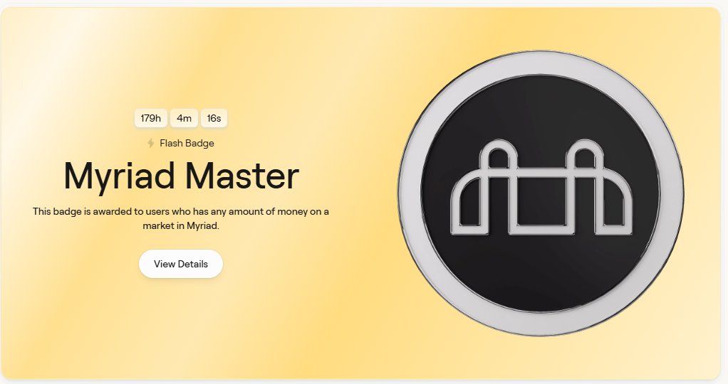 NEW FLASH BADGE! 🚨

This one is a bit tricky so pay attention😄

1⃣ Go to myriad.markets
2⃣ Sign up with <a href="/AbstractChain/">Abstract</a> Wallet
3⃣ Redeem your points in Limbo from profile page
4⃣ Follow <a href="/RealKennii/">Kennii</a> + <a href="/Plague_Knights/">Plague Knights</a> 
5⃣ Place point bid on any market
6⃣ Claim badge
