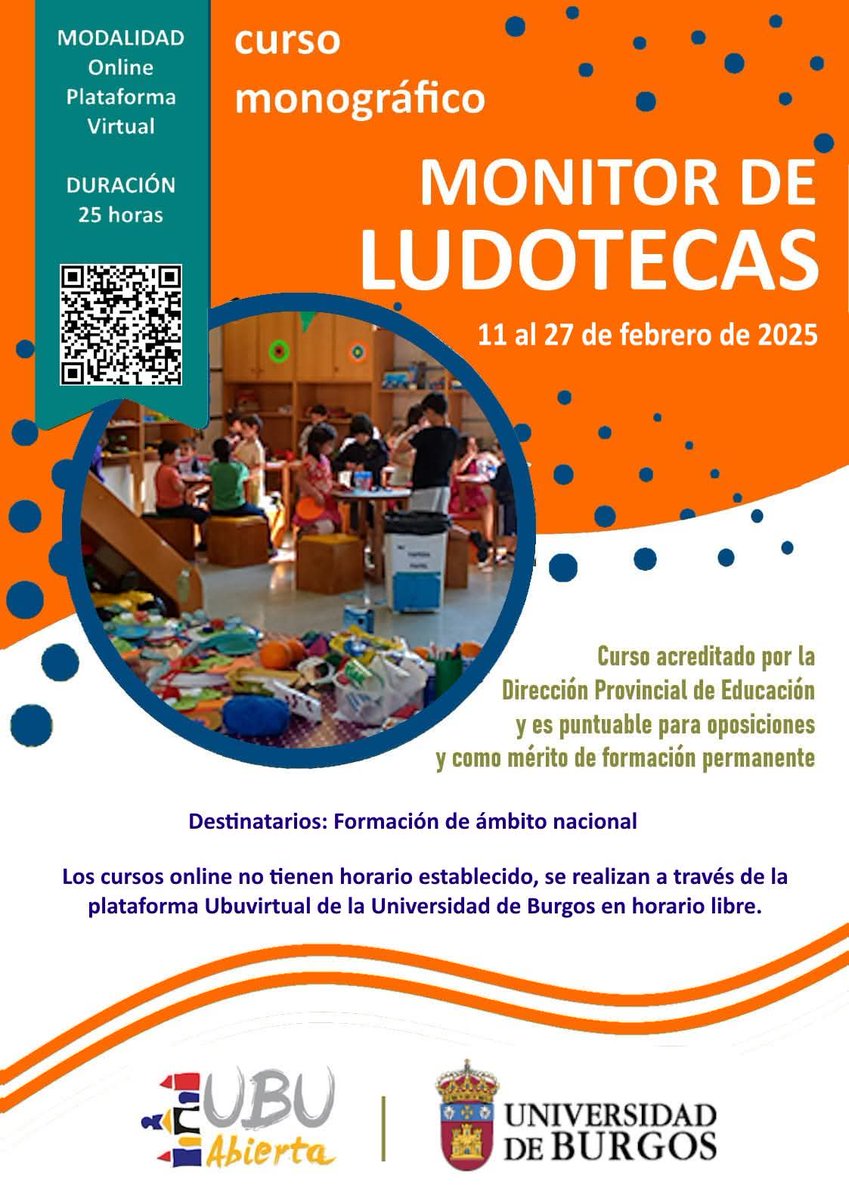 ignacioesvida's tweet photo. #Curso #MONITOR DE #LUDOTECAS
25 h. #online #nacional
11 al 27 feb. 2025
Inscripción: Hasta el 17 feb.
Acredita: @UBUEstudiantes
ℹ️: https://t.co/E1tHvUeXSg
#formación #empleo #Burgos #ludoteca #juventud #Monitor #centroseducativos #España #Educador #telemático #CentrosEscolares https://t.co/lY3sN51gTk