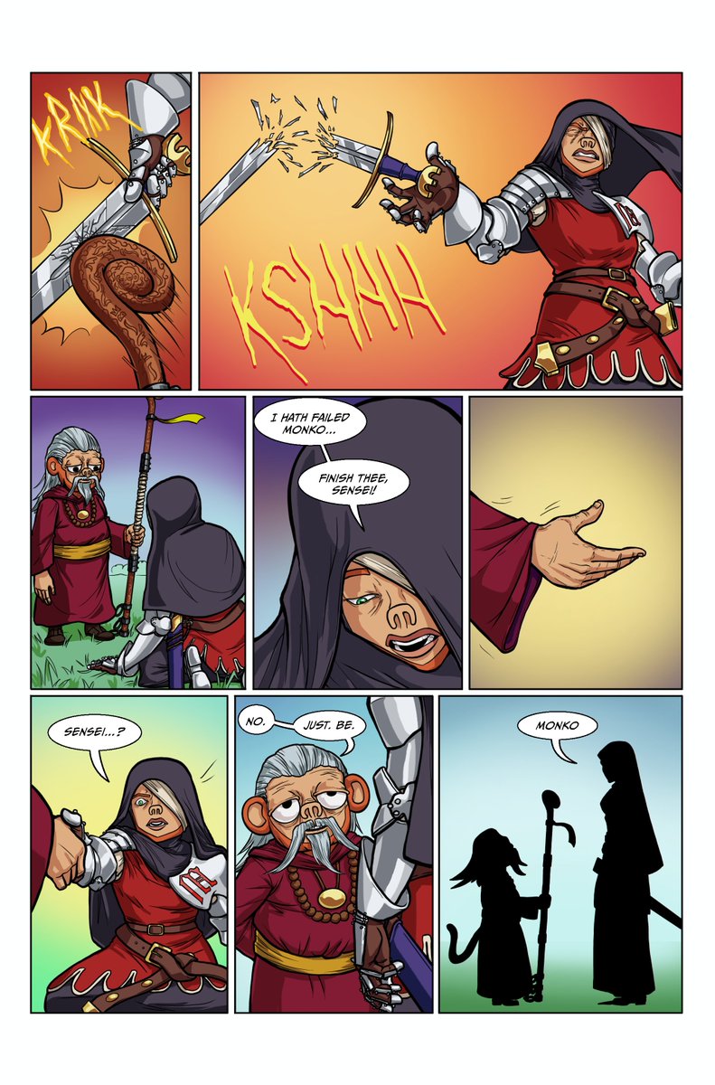 Real_monko's tweet photo. The Final Comic in the Monkhilda SAGA....👀🔥

After Sensei disarms Hilda, she admits defeat and awaits her fate....

Sensei Monko offers his hand to his enemy...and they both choose to Be. 🐝 🦧 https://t.co/MAcykYhd2g
