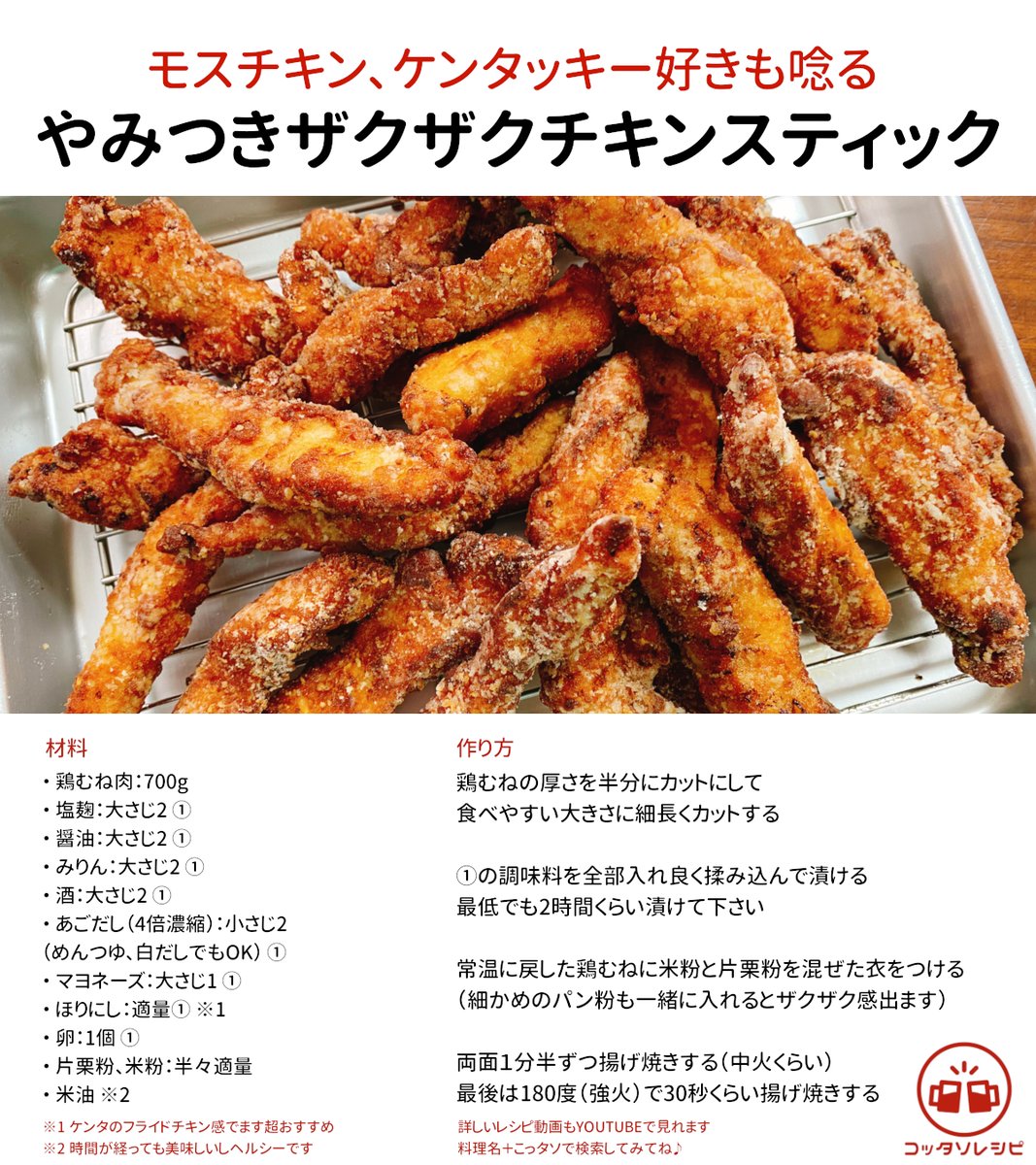 kottaso_recipe's tweet photo. トレンドに今ケンタッキーの食べ放題が入ってますが
それでしたら、このケンタッキーのフライドチキンよりも旨いと何度も言われたこのザクザクチキンスティックのレシピを是非みんな試して🍗
鶏むねで作る一番旨いフライドチキンの自信あります😏

#ケンタッキー食べ放題 https://t.co/2e7fMWSQXt