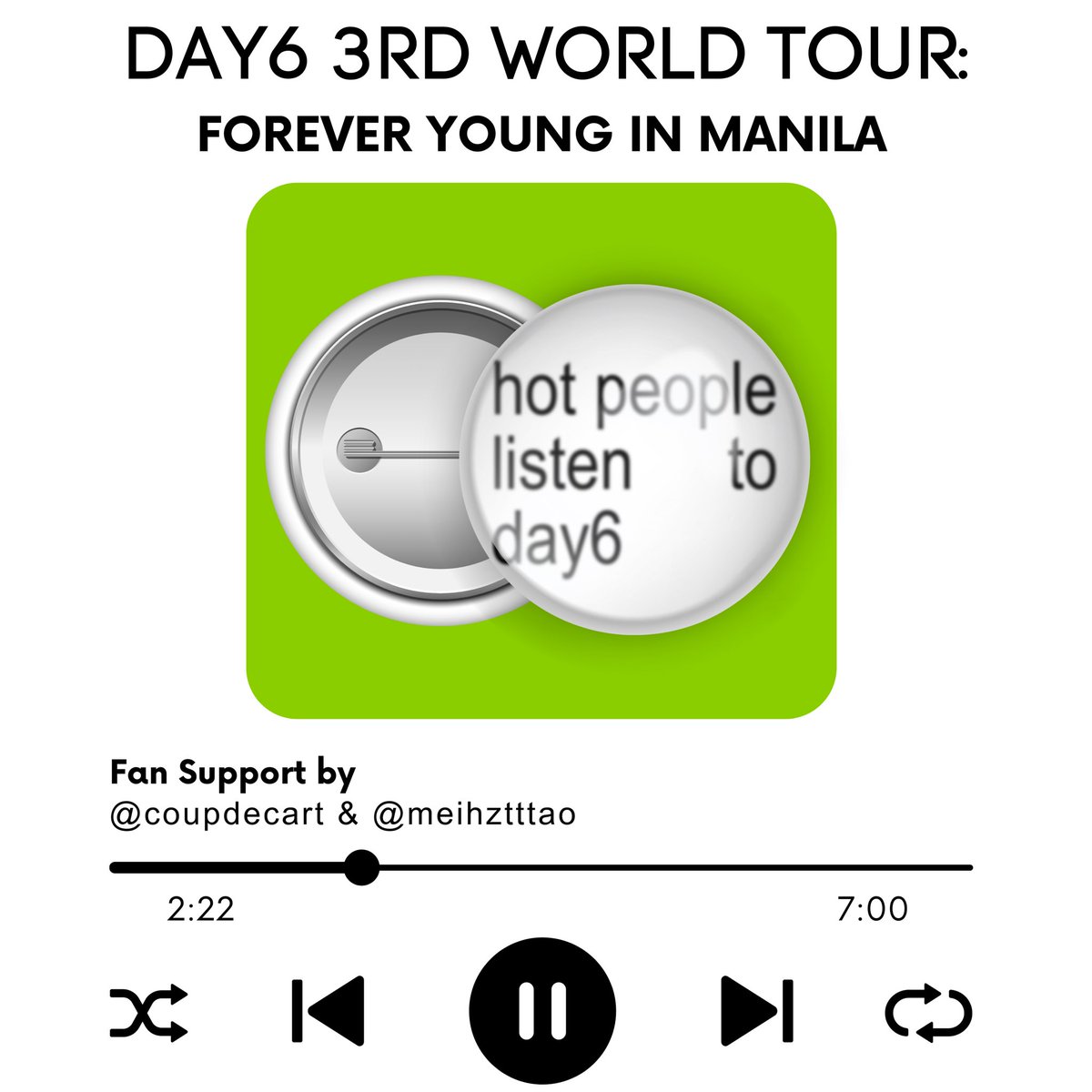 coupdecart's tweet photo. forever young in manila 🎧
— a #day6 fan support by @coupdecart &amp; @meihztttao
⤷ brat-inspired button pins

🗓️ february 22, 2025
📌 loc &amp; time: tba

💿 like &amp; rt
💿 strictly 1:1
💿 open for trades

see you, mydays! 🤘
 
#DAY6_3RD_WORLDTOUR_MANILA 
#DAY6_3RD_WORLDTOUR_MNL https://t.co/QqjZSyi6mX