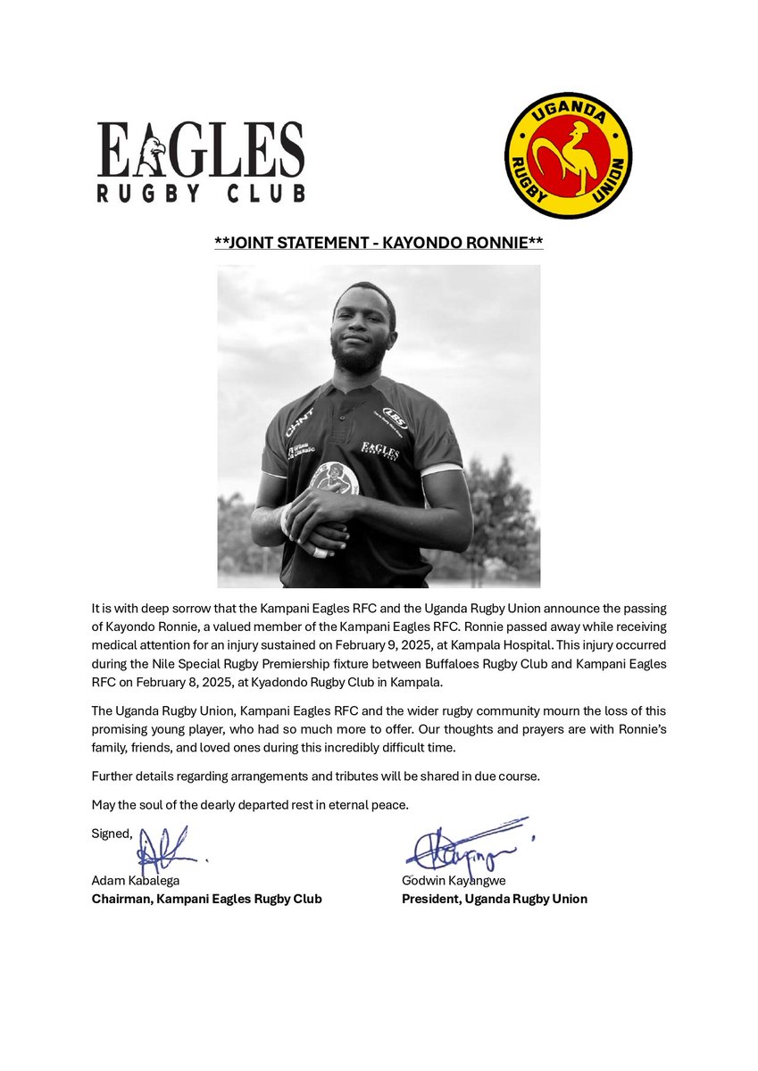 Uganda Rugby Union (@ugandarugby) on Twitter photo With deep sorrow, we mourn the passing <a href="/RfcEagles/">EAGLES RUGBY CLUB</a> player Kayondo Ronnie. Our thoughts and prayers are with his family, teammates, and loved ones.
Rest in Peace, Ronnie. Your spirit will forever live on in the game you loved. 🕊️
#UgandaRugby With deep sorrow, we mourn the passing <a href="/RfcEagles/">EAGLES RUGBY CLUB</a> player Kayondo Ronnie. Our thoughts and prayers are with his family, teammates, and loved ones.
Rest in Peace, Ronnie. Your spirit will forever live on in the game you loved. 🕊️
#UgandaRugby