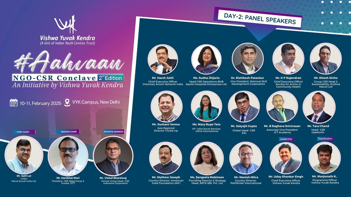 VYKIndia's tweet photo. Join Us for the 2nd edition of #Aahvaan: NGO-CSR Conclave 2025! Get ready for another power-packed day featuring eminent speakers who will share their insights and perspectives on the theme.
#Aahvaan2025 #CSRConclave #SocialImpact #Sustainability #Collaboration #NGO #CSR #NGO https://t.co/vVZAjAcW0I