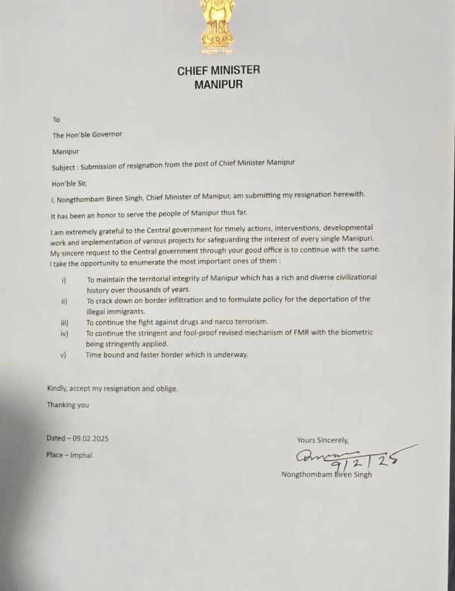 🚨🚨🚨
Breaking || CM N. Biren Singh Submit Resignation to Governer:
 
CM N. Biren Singh has indeed submitted his resignation to the Governor, but this doesn't necessarily mean he's stepping down immediately. According to reports, the Governor has asked him to continue serving as