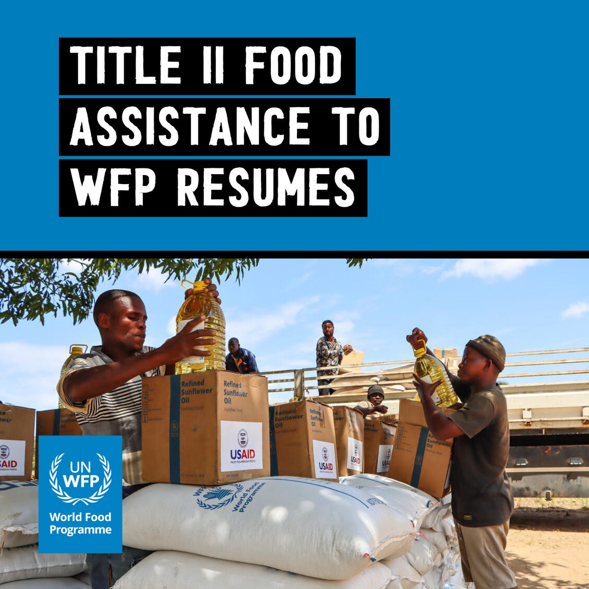 We can confirm that the recent pause concerning in-kind food assistance to WFP - purchased from U.S. farmers with Title II funds - has been rescinded.

This allows for the resumption of food purchases and deliveries under existing USAID agreements.

It also enables WFP to