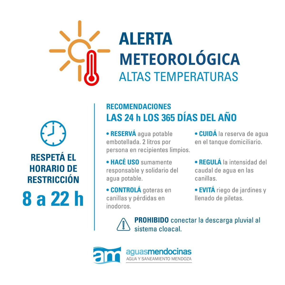 Ante el pronóstico de temperaturas elevadas, Aguas Mendocinas recuerda hacer un buen uso del agua potable. 
Recomendaciones 👉 aysam.com.ar/altas-temperat…