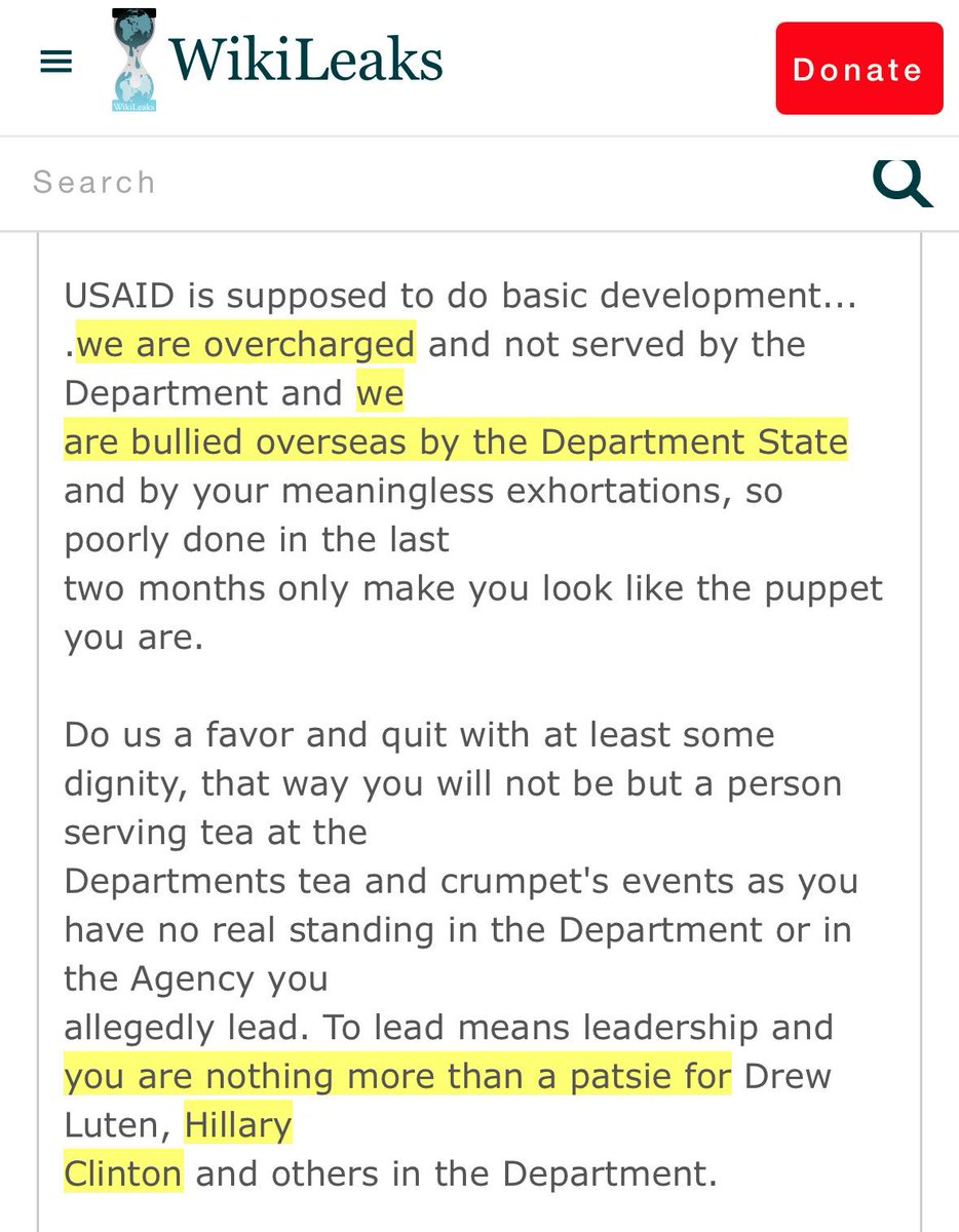 wikileaks's tweet image. "USAID is nothing more than a slush fund for the State department" - whistleblower email circulated to Hillary Clinton, Jake Sullivan, Cheryl Mills (2010) 

wikileaks.org/clinton-emails…