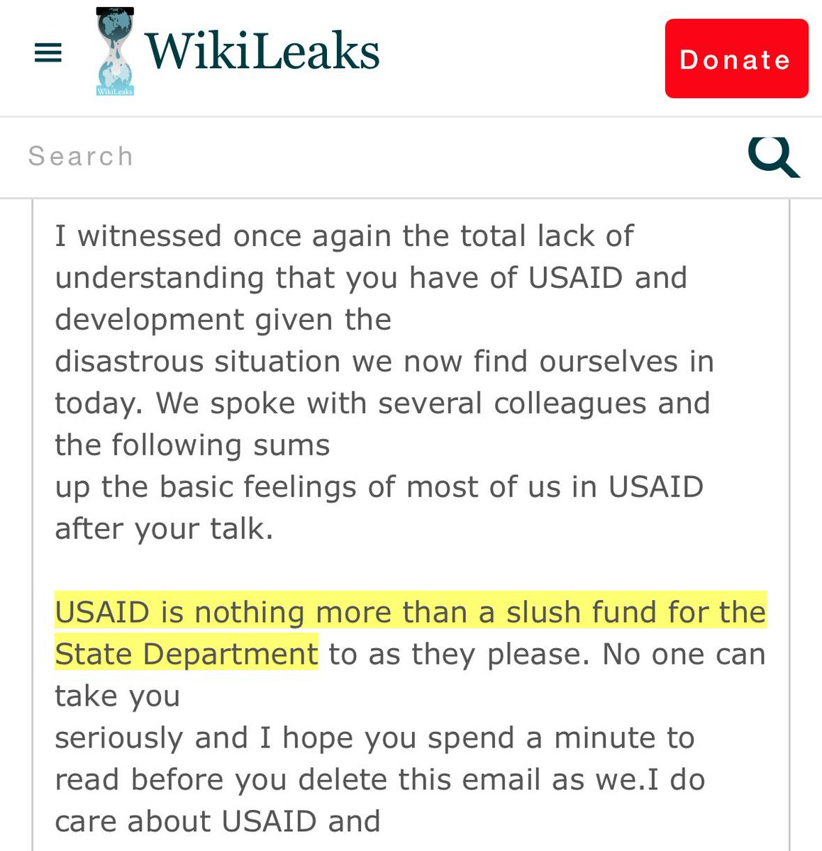 "USAID is nothing more than a slush fund for the State department" - whistleblower email circulated to Hillary Clinton, Jake Sullivan, Cheryl Mills (2010) 

wikileaks.org/clinton-emails…