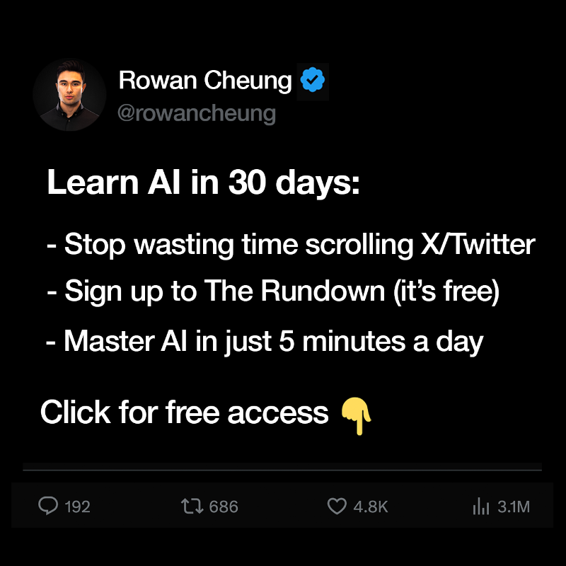TheRundownAI's tweet photo. If you're not learning AI in 2025, you're falling behind.

Join 1,000,000+ early adopters reading https://t.co/FQfcQ2OZGH and learn AI in just 5 minutes a day (for free).