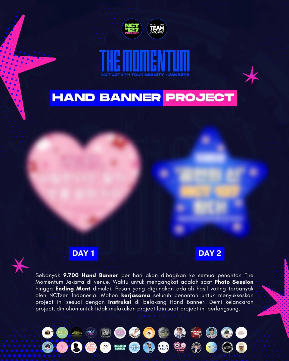 NCT127Project's tweet image. 🩷HAND BANNER PROJECT💙

The 1st Main Project is Hand Banner✨

Total 19.400 lembar akan dibagikan ke semua NCTzen di dalam venue. Dimohon kerjasamanya untuk mengikuti arahan sesuai instruksi ya sijeuni~♥︎

See you at The Momentum in Jakarta!!💚

#NCT127 #THEMOMENTUMINJAKARTA