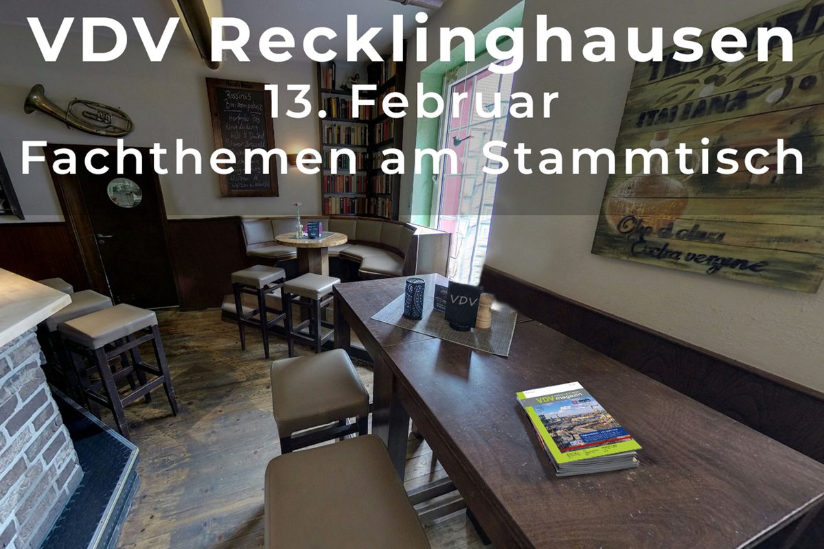Fachthemen am Stammtisch gibt's am 13. Februar ab 20.00 Uhr beim VDV  Recklinghausen im "Marktcafé Rossini", Markt 6, 45721 Haltern am See.  Gäste sind jederzeit herzlich willkommen😀.
#myVDVdates