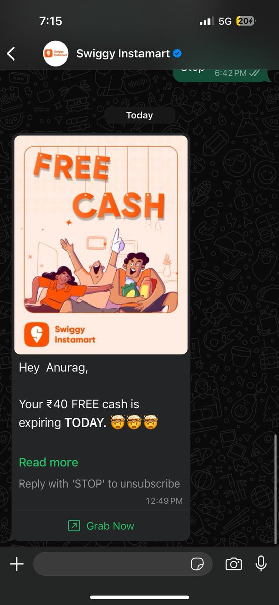 KundlasAnurag's tweet photo. I am writing to formally express my frustration regarding the persistent WhatsApp messages from your Swiggy marketing team. Despite multiple requests to stop and even unsubscribing, I continue to receive messages every few days. @Swiggy @SwiggyInstamart @SwiggyCares @Swiggy https://t.co/7uwNlWmkti
