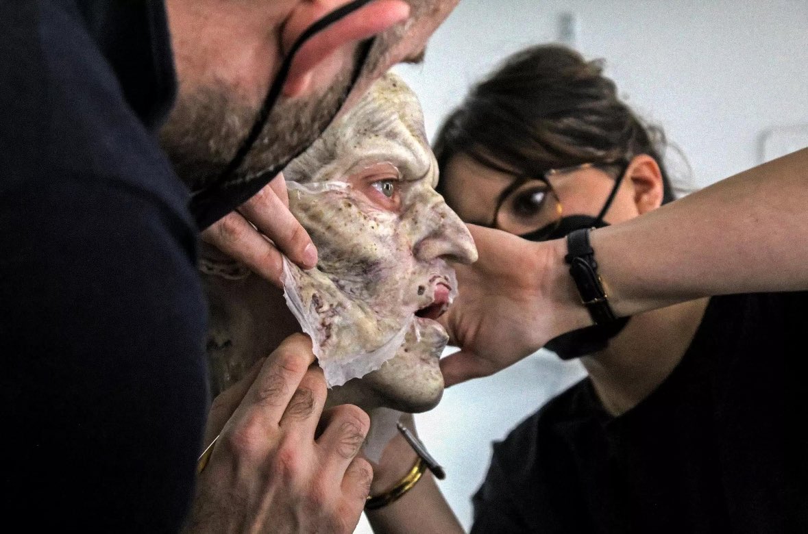 Bill Skarsgård in the makeup chair for Robert Eggers’ Nosferatu.